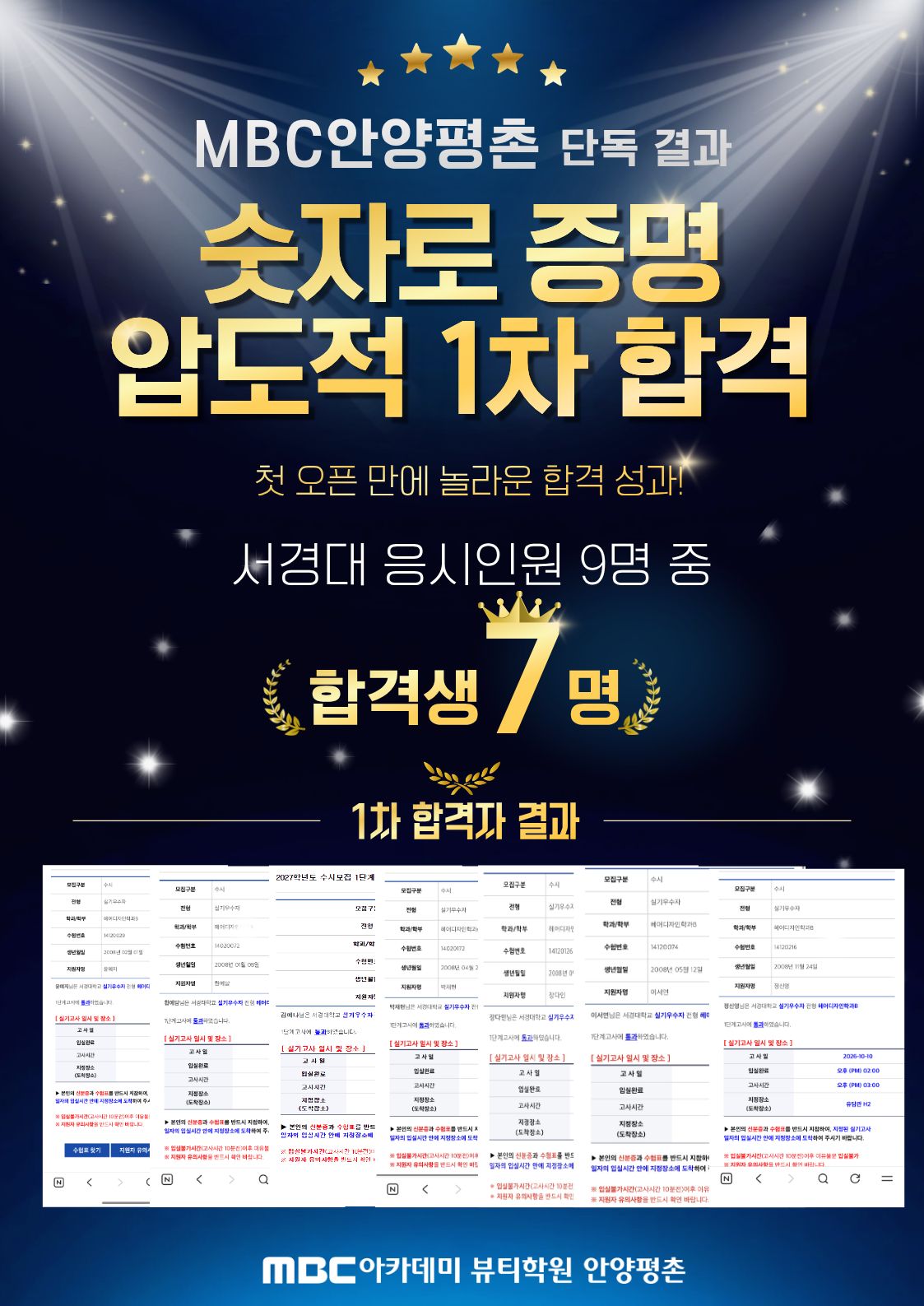 [안양평촌] 서경대 응시인원 9명 중 7명 합격! MBC아카데미뷰티학원 압도적인 1차 합격 성과